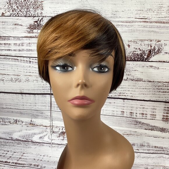 Vanessa Other - Bio Tapered Wig FF427 Dark Brown W/ Blonde Swoop Heat Safe Adjustable Synthetic